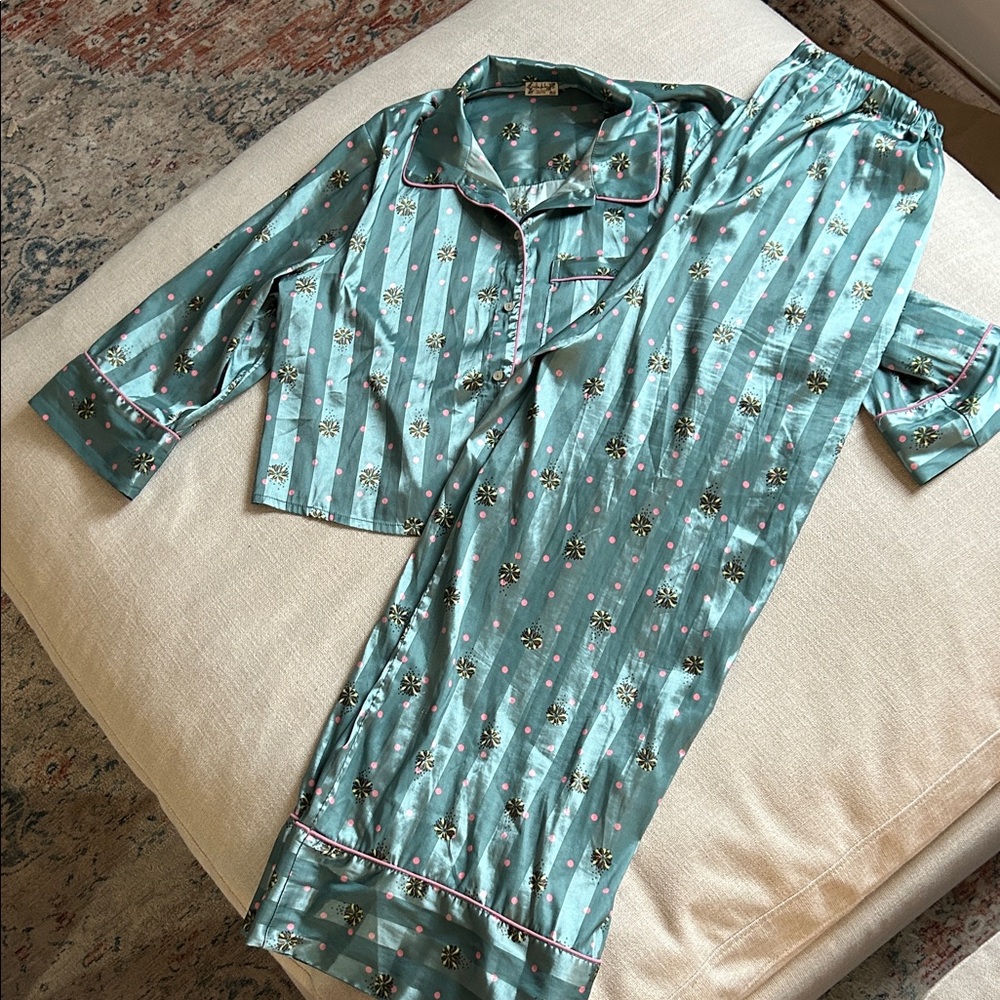 Silk-Feel Floral Stripe Pajama Set - Teal